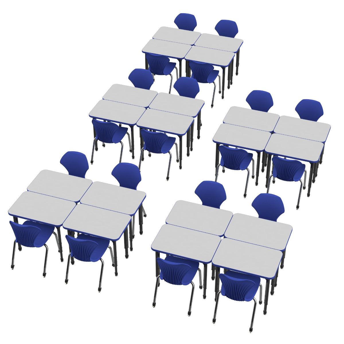 Apex White Dry Erase Classroom Desk and Chair Package, 20 Rectangle Collaborative Student Desks, 24" x 30", with 20 Apex Stack Chairs