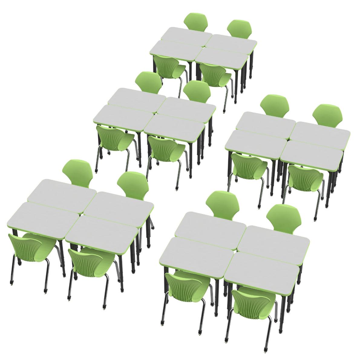 Apex Dry Erase Classroom Desk and Chair Package, 20 Rectangle Collaborative Student Desks, 24" x 30", with 20 Apex Stack Chairs