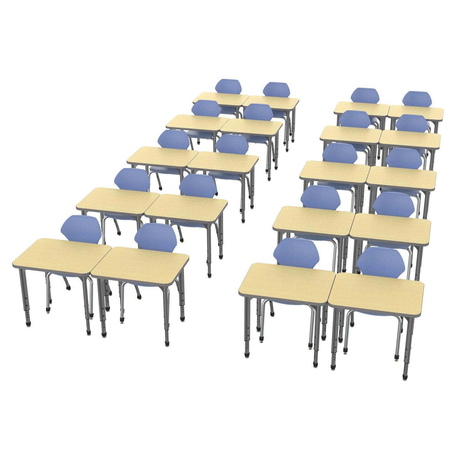 Apex Classroom Desk and Chair Package, 20 Rectangle Collaborative Student Desks, 24" x 30", with 20 Apex Stack Chairs