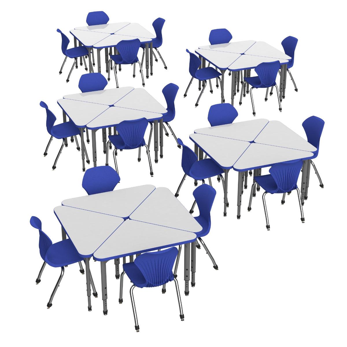 Apex White Dry Erase Classroom Desk and Chair Package, 20 Triangle Collaborative Student Desks with 20 Apex Stack Chairs