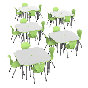 Apex White Dry Erase Classroom Desk and Chair Package, 20 Triangle Collaborative Student Desks with 20 Apex Stack Chairs