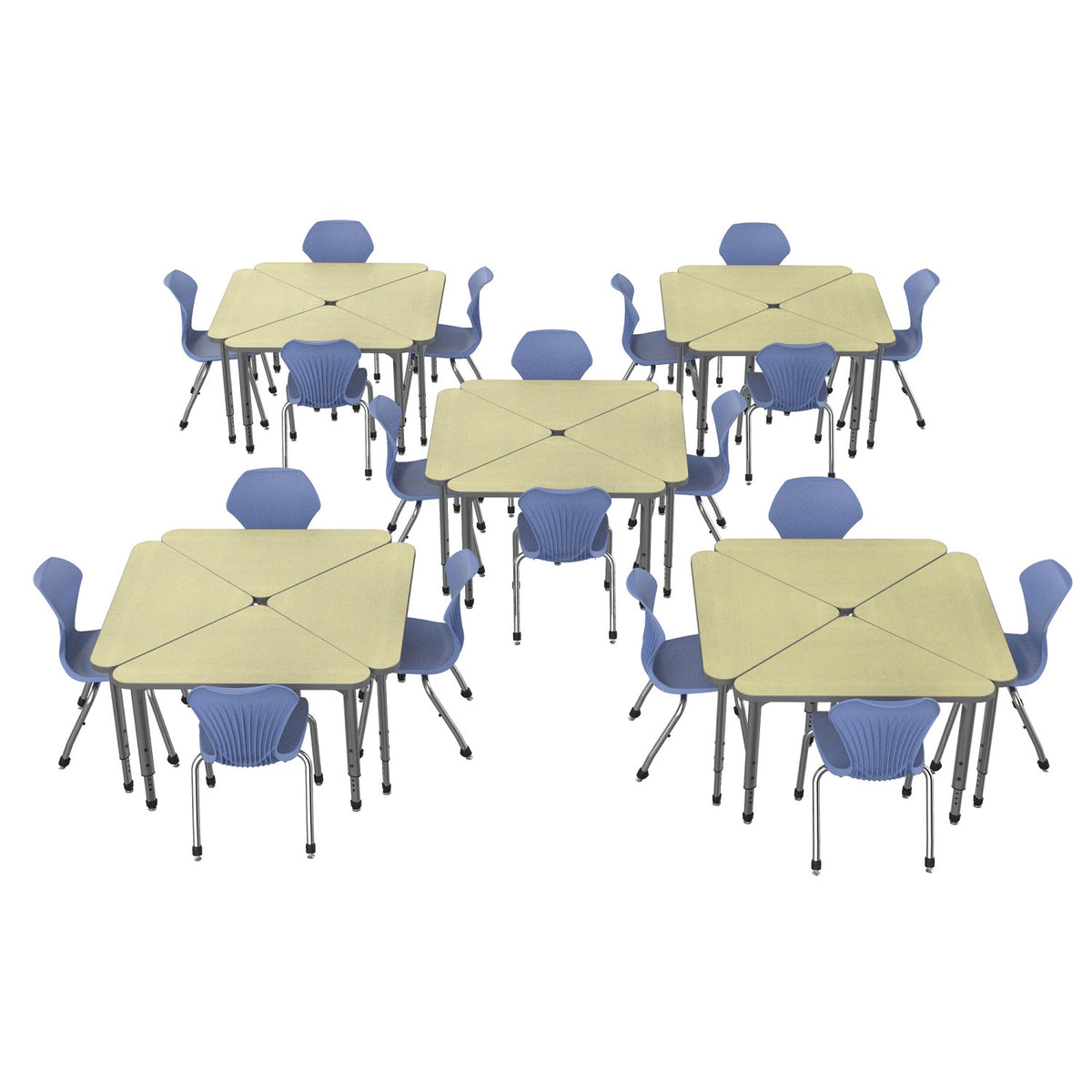 Apex Classroom Desk and Chair Package, 20 Triangle Collaborative Student Desks with 20 Apex Stack Chairs