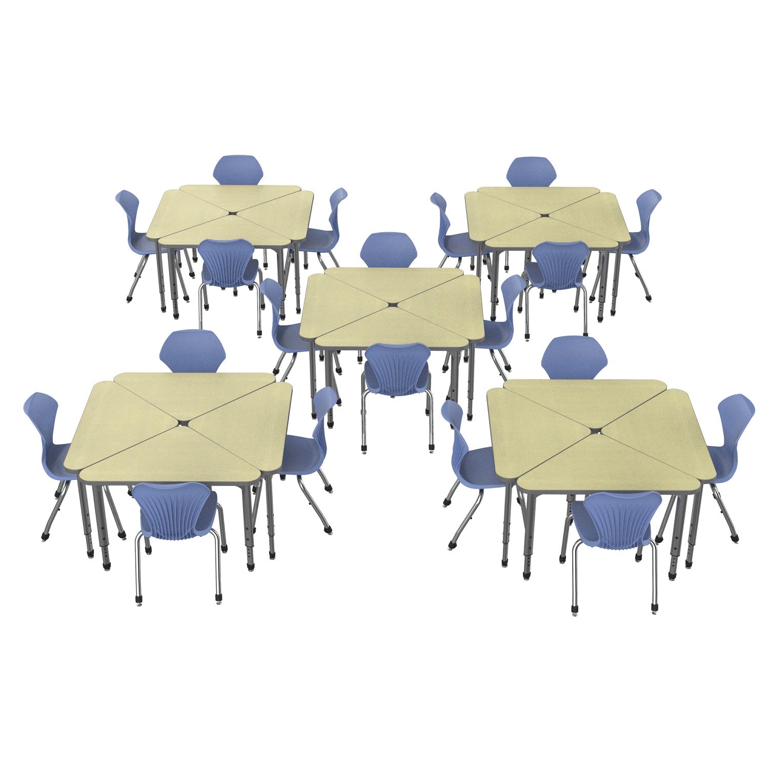 Apex Classroom Desk and Chair Package, 20 Triangle Collaborative Student Desks with 20 Apex Stack Chairs