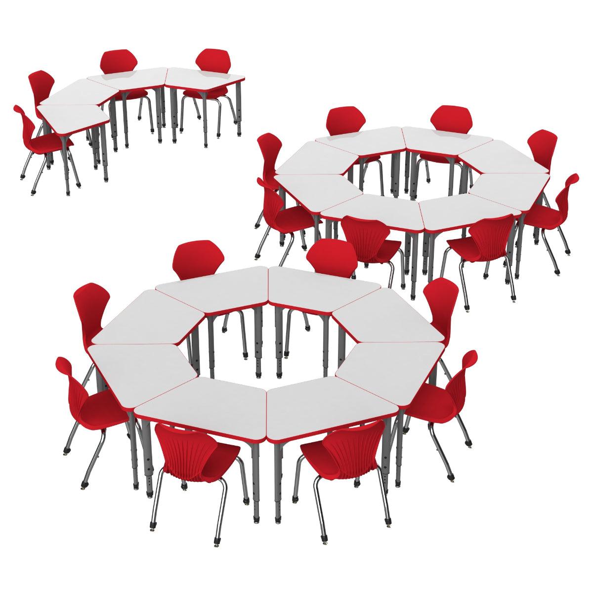 Apex White Dry Erase Classroom Desk and Chair Package, 20 Small Trapezoid Collaborative Student Desks with 20 Apex Stack Chairs