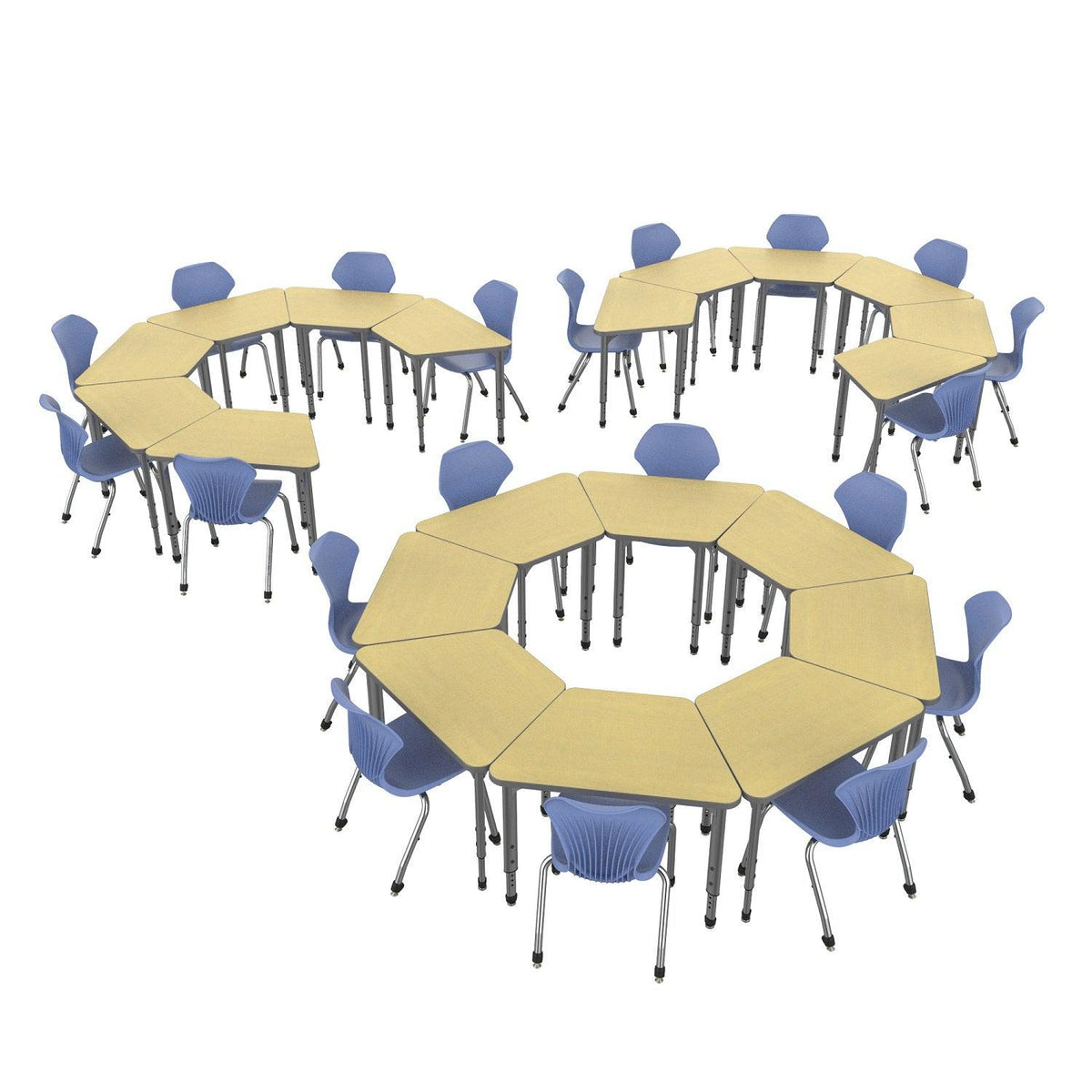 Apex Classroom Desk and Chair Package, 20 Large Trapezoid Collaborative Student Desks with 20 Apex Stack Chairs