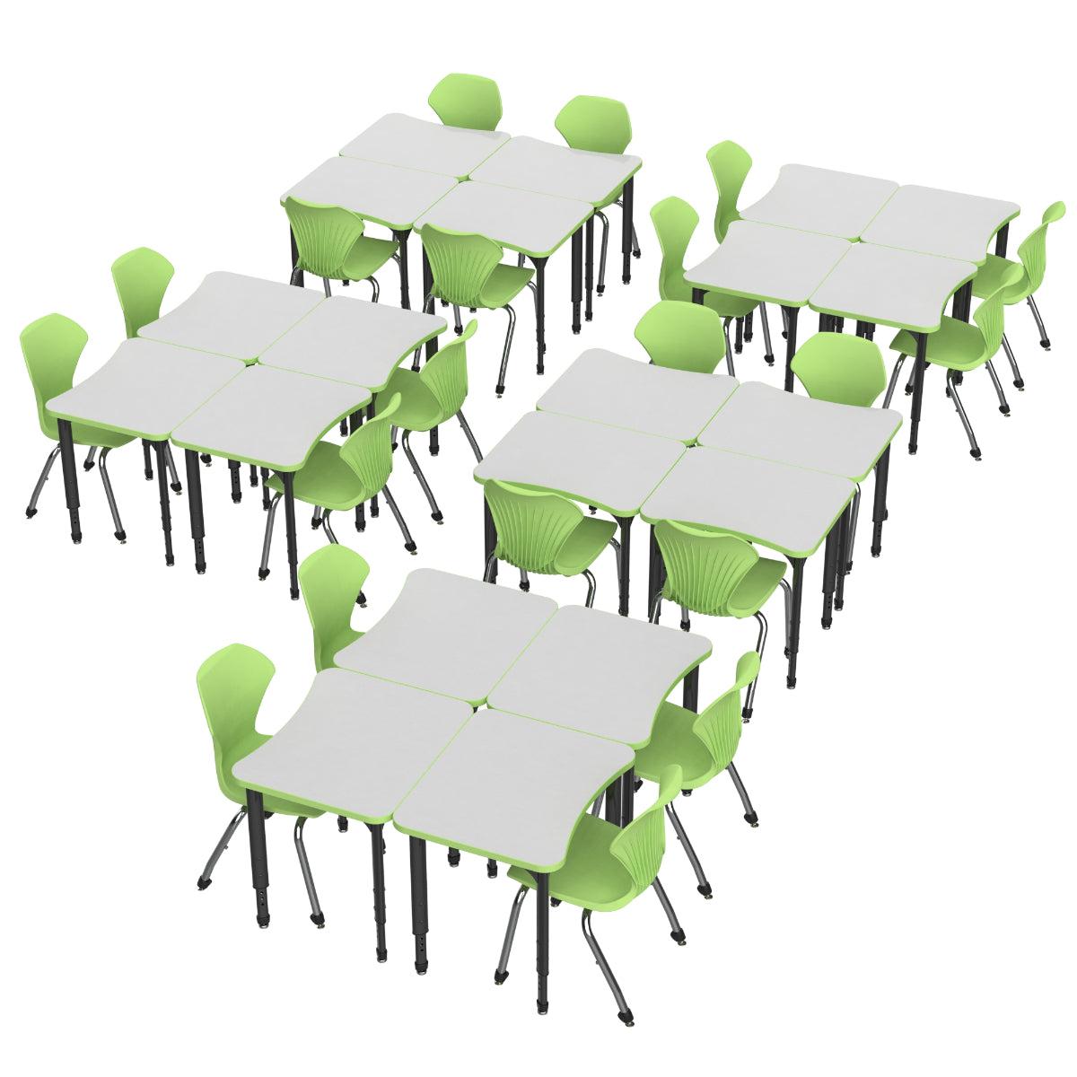 Apex Dry Erase Classroom Desk and Chair Package, 20 Curved Collaborative Student Desks with 20 Apex Stack Chairs