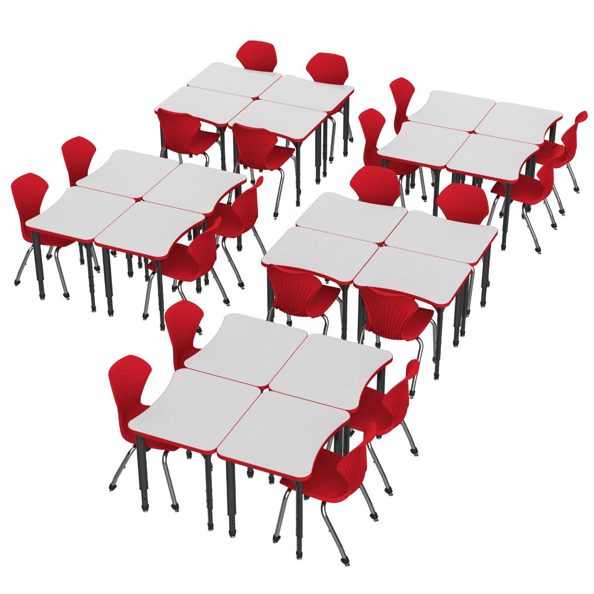 Apex White Dry Erase Classroom Desk and Chair Package, 20 Curve Collaborative Student Desks with 20 Apex Stack Chairs