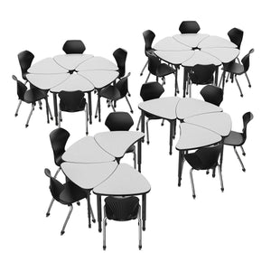Apex White Dry Erase Classroom Desk and Chair Package, 20 Small Chevron Collaborative Student Desks with 20 Apex Stack Chairs