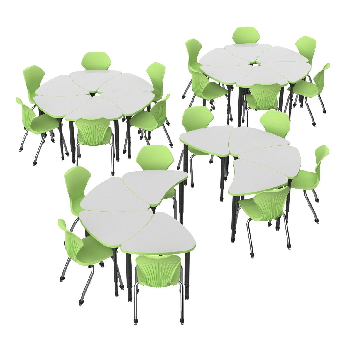 Apex White Dry Erase Classroom Desk and Chair Package, 20 Small Chevron Collaborative Student Desks with 20 Apex Stack Chairs