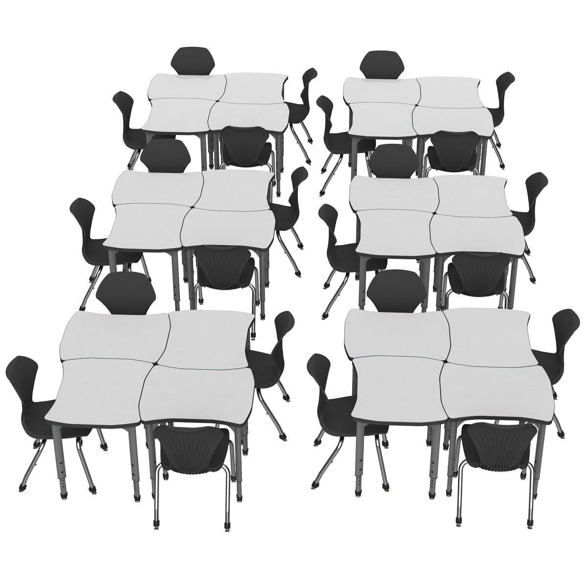 Apex White Dry Erase Classroom Desk and Chair Package, 24 Dog Bone/Contour Collaborative Student Desks with 24 Apex Stack Chairs