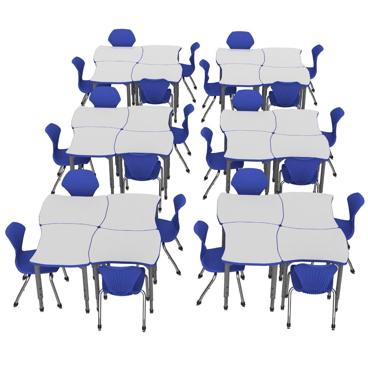 Apex White Dry Erase Classroom Desk and Chair Package, 24 Dog Bone/Contour Collaborative Student Desks with 24 Apex Stack Chairs