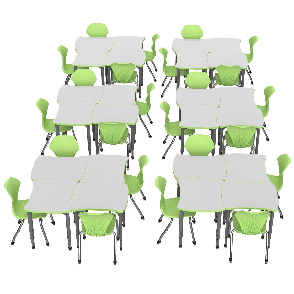 Apex White Dry Erase Classroom Desk and Chair Package, 24 Dog Bone/Contour Collaborative Student Desks with 24 Apex Stack Chairs