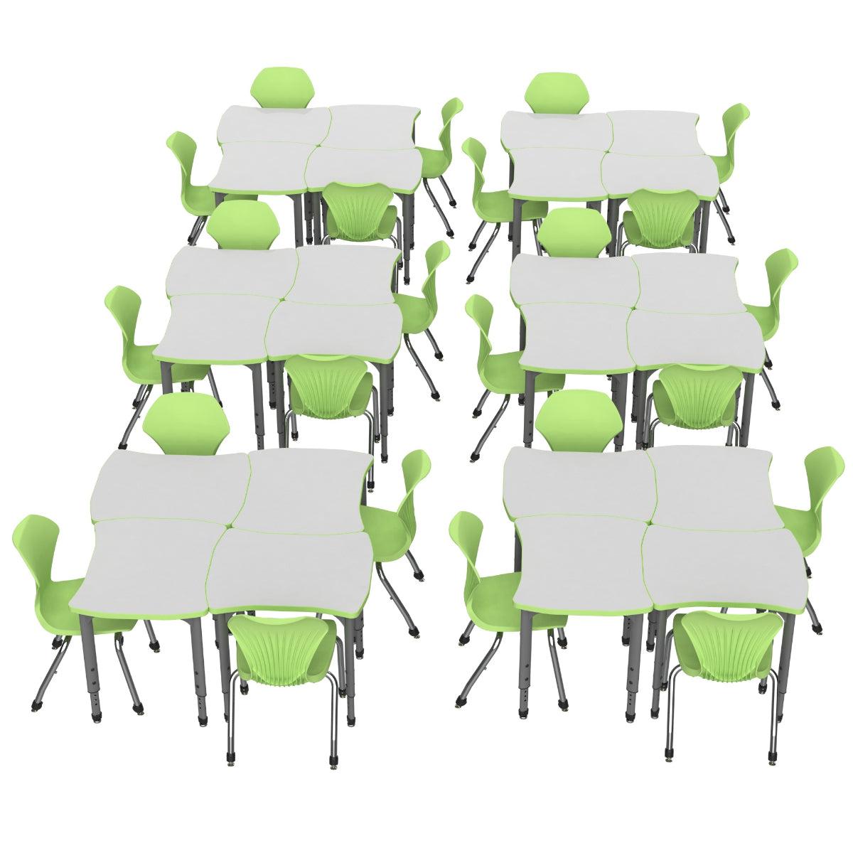 Apex White Dry Erase Classroom Desk and Chair Package, 24 Dog Bone Collaborative Student Desks with 24 Apex Stack Chairs