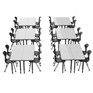 Apex White Dry Erase Classroom Desk and Chair Package, 12 Rectangle 2-Student Collaborative Desks, 20" x 60", with 24 Apex Stack Chairs