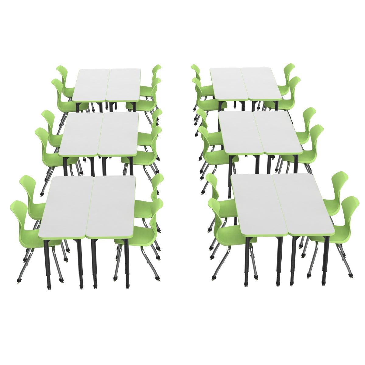 Apex White Dry Erase Classroom Desk and Chair Package, 12 Rectangle 2-Student Collaborative Desks, 20" x 60", with 24 Apex Stack Chairs