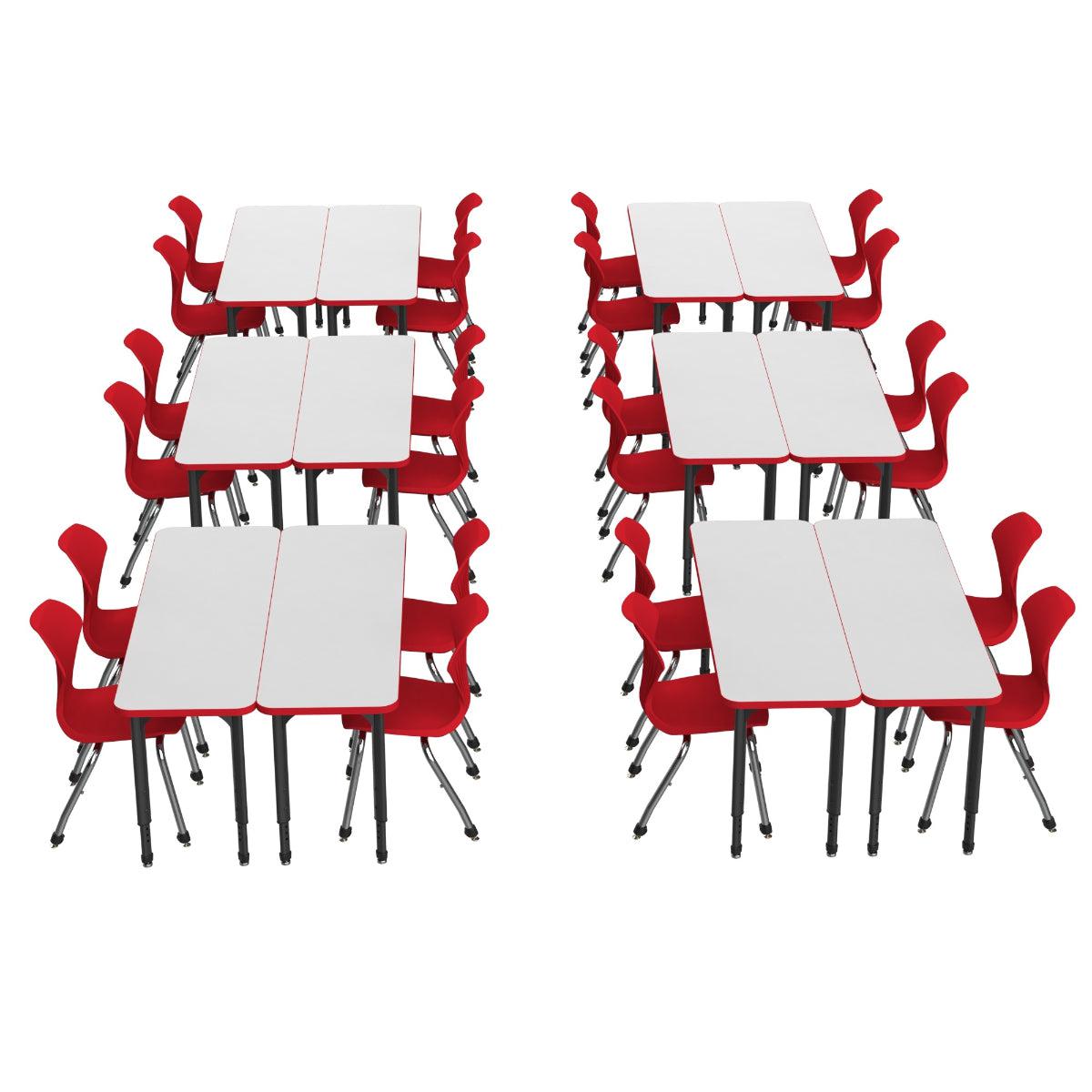 Apex White Dry Erase Classroom Desk and Chair Package, 12 Rectangle 2-Student Collaborative Desks, 20" x 60", with 24 Apex Stack Chairs