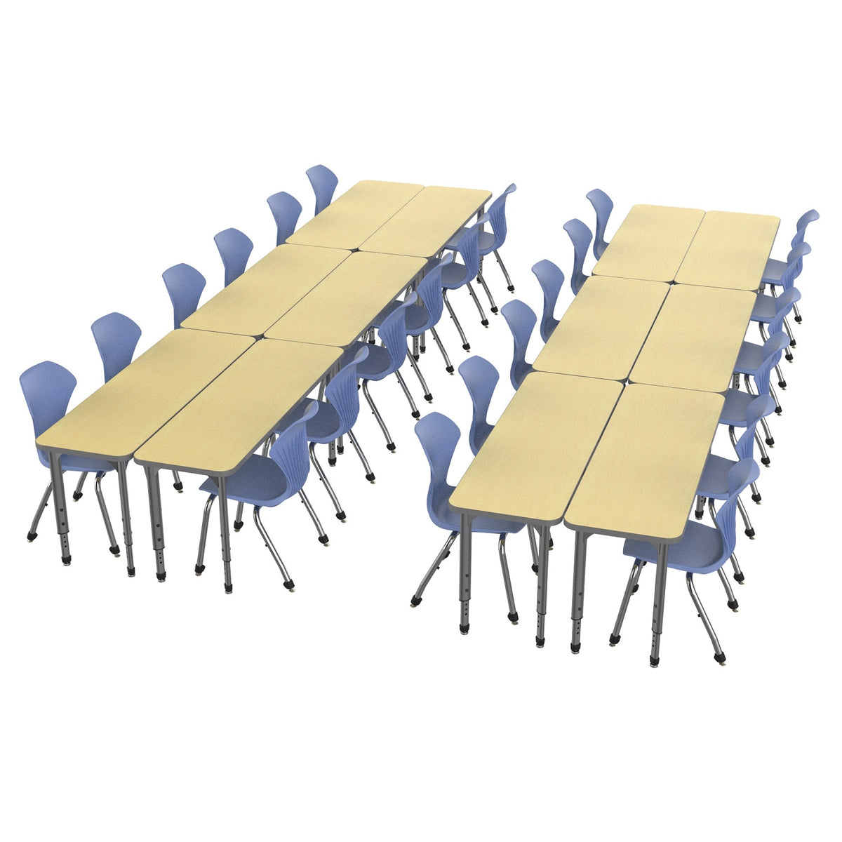 Apex Classroom Desk and Chair Package, 12 Rectangle 2-Student Collaborative Desks, 20" x 60", with 24 Apex Stack Chairs