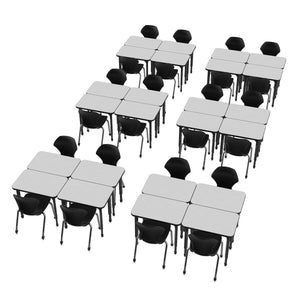 Apex White Dry Erase Classroom Desk and Chair Package, 24 Rectangle Collaborative Student Desks, 20" x 36", with 24 Apex Stack Chairs