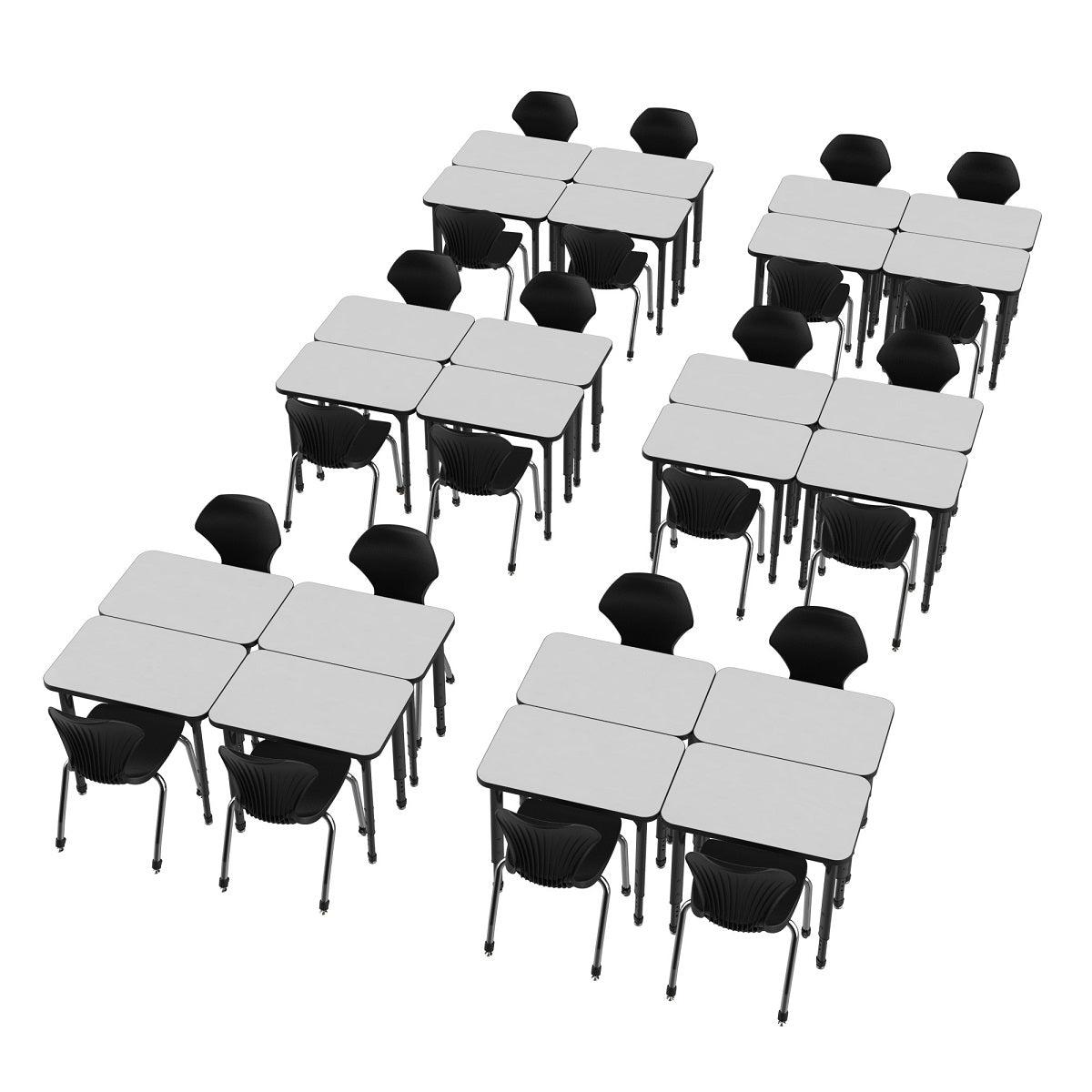 Apex White Dry Erase Classroom Desk and Chair Package, 24 Rectangle Collaborative Student Desks, 24" x 36", with 24 Apex Stack Chairs