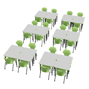 Apex White Dry Erase Classroom Desk and Chair Package, 24 Rectangle Collaborative Student Desks, 20" x 36", with 24 Apex Stack Chairs