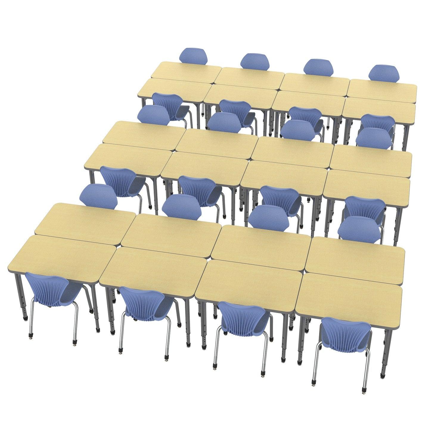 Apex Classroom Desk and Chair Package, 24 Rectangle Collaborative Student Desks, 24" x 36", with 24 Apex Stack Chairs