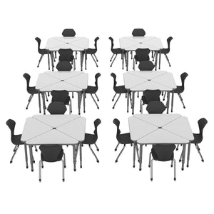 Apex White Dry Erase Classroom Desk and Chair Package, 24 Triangle Collaborative Student Desks with 24 Apex Stack Chairs