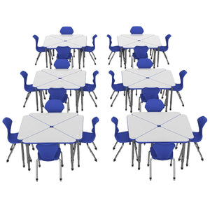 Apex White Dry Erase Classroom Desk and Chair Package, 24 Triangle Collaborative Student Desks with 24 Apex Stack Chairs