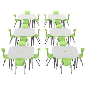 Apex White Dry Erase Classroom Desk and Chair Package, 24 Triangle Collaborative Student Desks with 24 Apex Stack Chairs