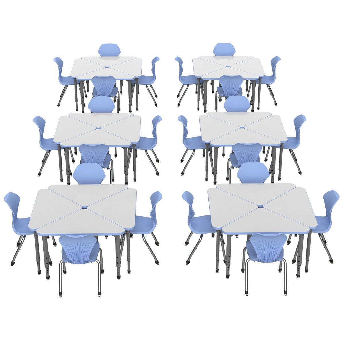 Apex White Dry Erase Classroom Desk and Chair Package, 24 Triangle Collaborative Student Desks with 24 Apex Stack Chairs