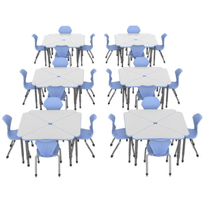 Apex White Dry Erase Classroom Desk and Chair Package, 24 Triangle Collaborative Student Desks with 24 Apex Stack Chairs