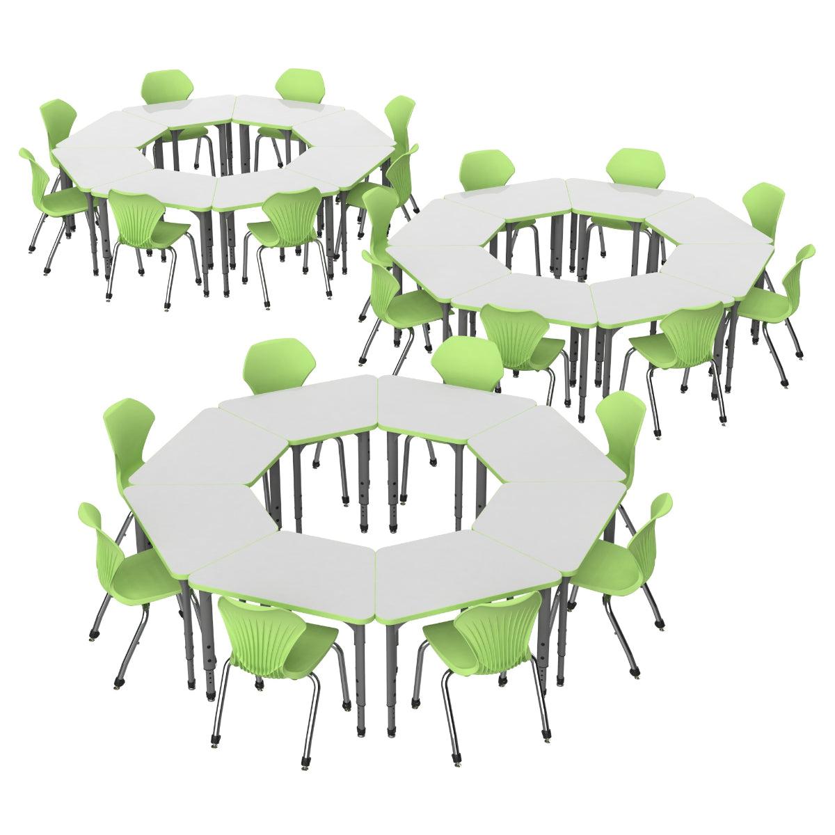 Apex White Dry Erase Classroom Desk and Chair Package, 24 Large Trapezoid Collaborative Student Desks with 24 Apex Stack Chairs