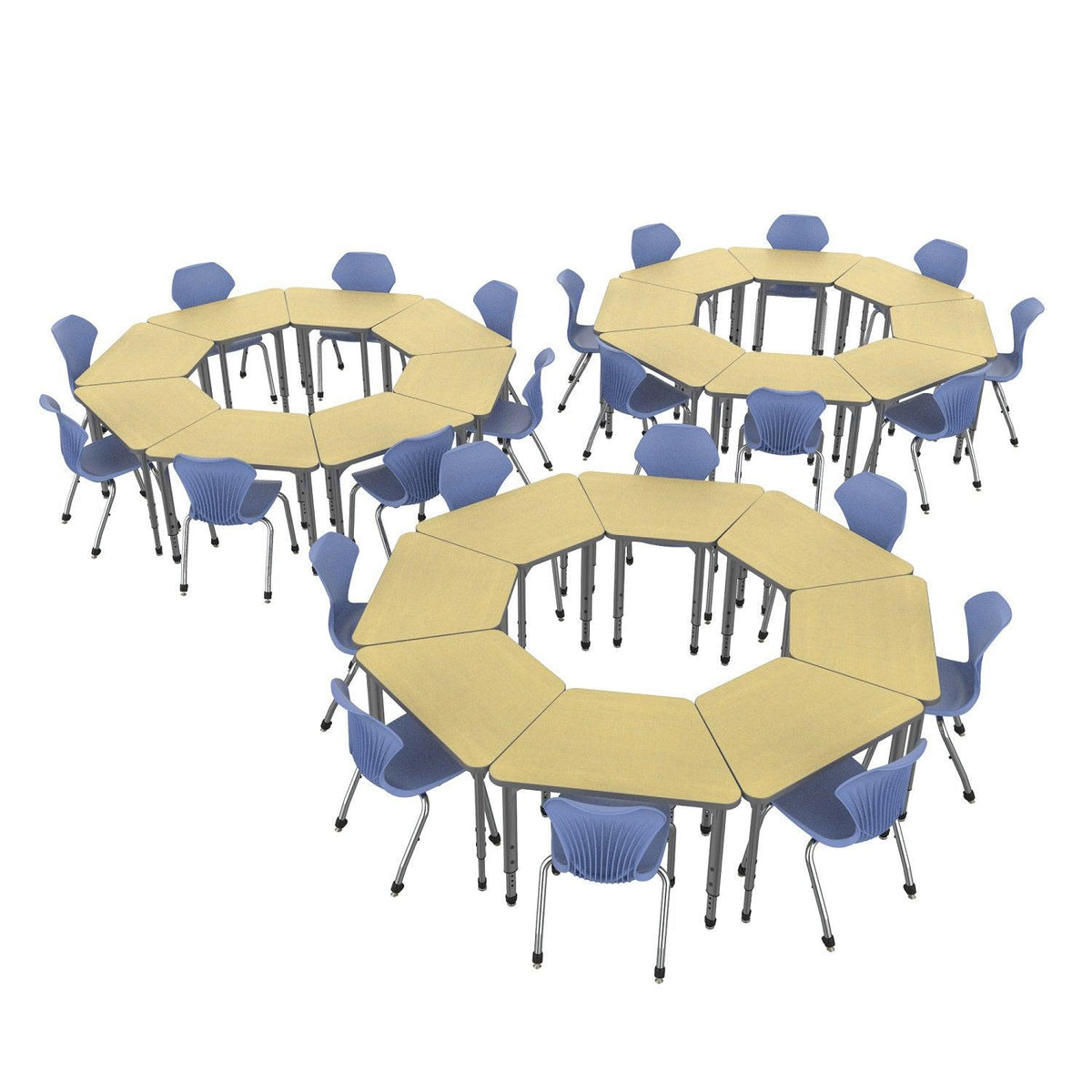 Apex Classroom Desk and Chair Package, 24 Small Trapezoid Collaborative Student Desks with 24 Apex Stack Chairs