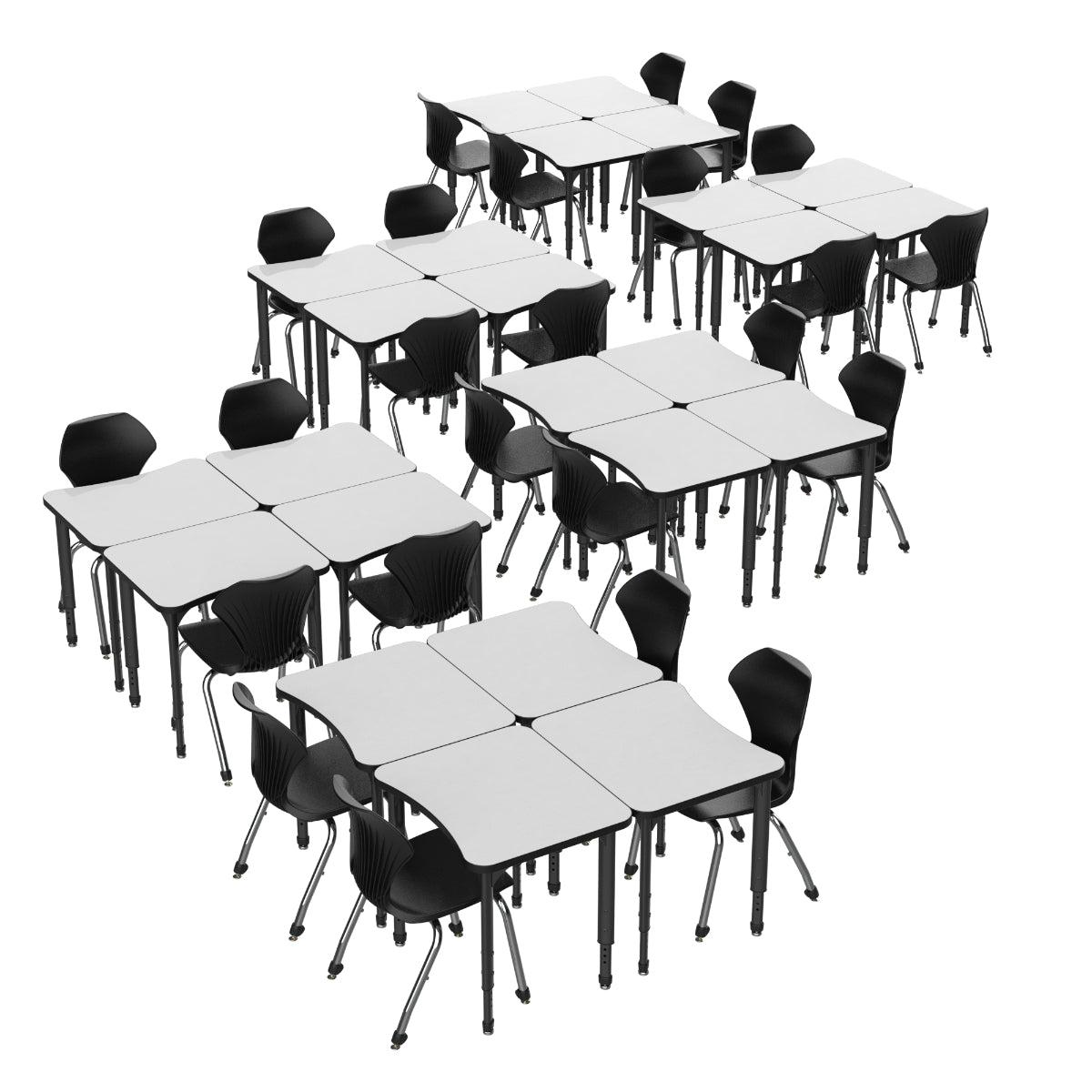 Apex White Dry Erase Classroom Desk and Chair Package, 24 Curve Collaborative Student Desks with 24 Apex Stack Chairs