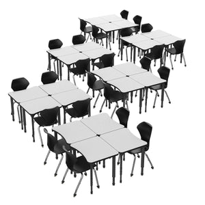 Apex White Dry Erase Classroom Desk and Chair Package, 24 Curved Collaborative Student Desks with 24 Apex Stack Chairs