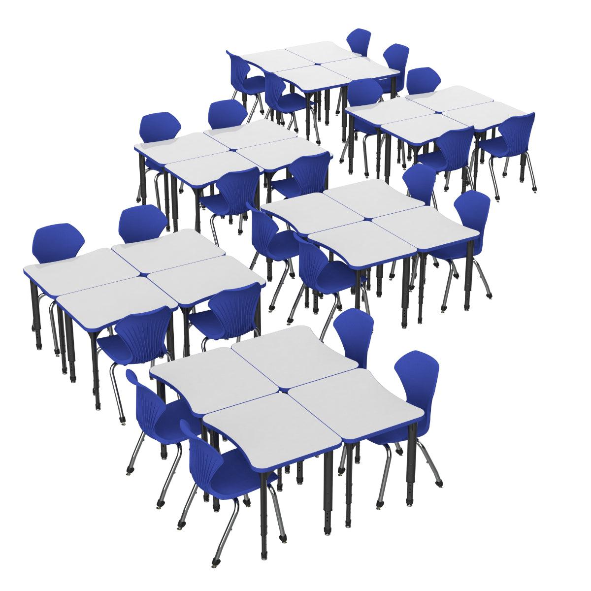 Apex White Dry Erase Classroom Desk and Chair Package, 24 Curve Collaborative Student Desks with 24 Apex Stack Chairs