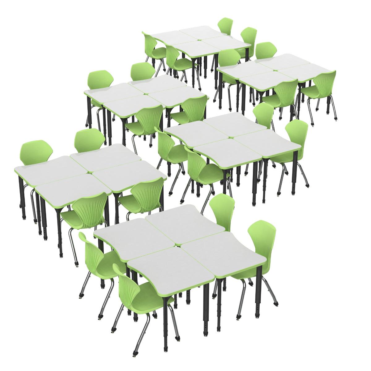 Apex White Dry Erase Classroom Desk and Chair Package, 24 Curve Collaborative Student Desks with 24 Apex Stack Chairs