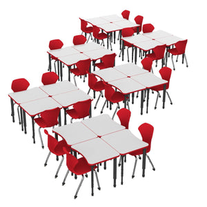 Apex White Dry Erase Classroom Desk and Chair Package, 24 Curved Collaborative Student Desks with 24 Apex Stack Chairs