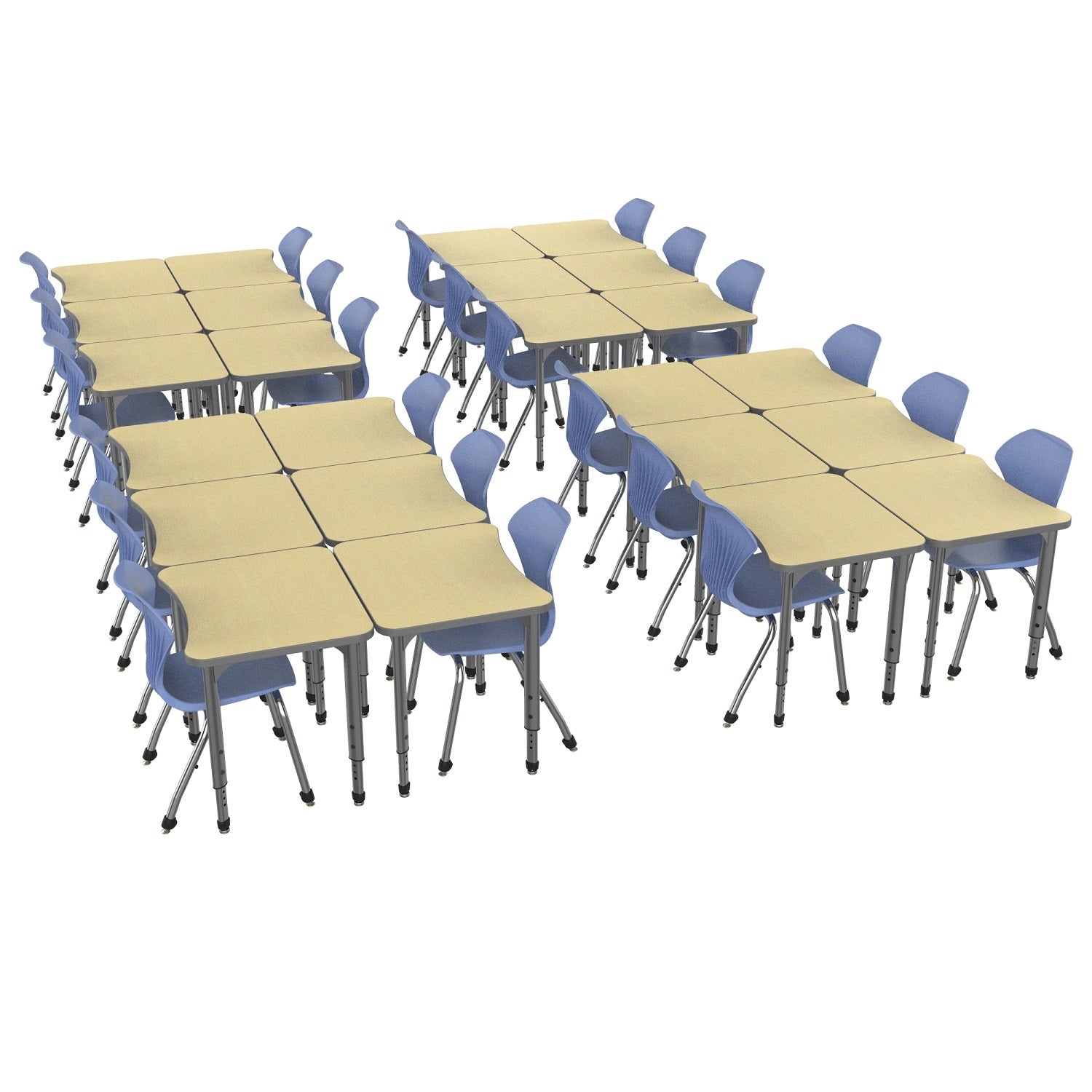 Apex Classroom Desk and Chair Package, 24 Curved Collaborative Student Desks with 24 Apex Stack Chairs