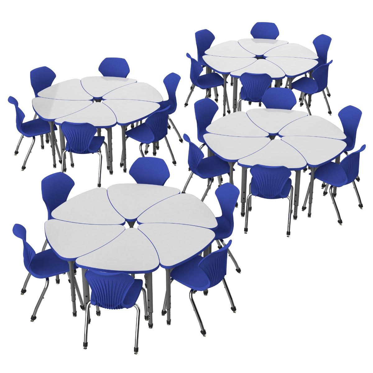 Apex White Dry Erase Classroom Desk and Chair Package, 24 Small Chevron Collaborative Student Desks with 24 Apex Stack Chairs