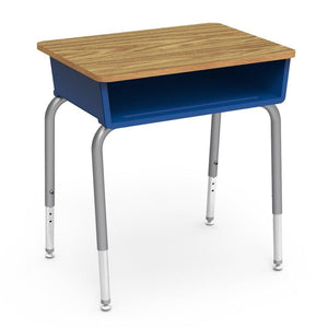 785 Series Open Front Student Desk with Plastic Book Box, Laminate Top-Desks-Cobalt Blue-Medium Oak-Silver Mist