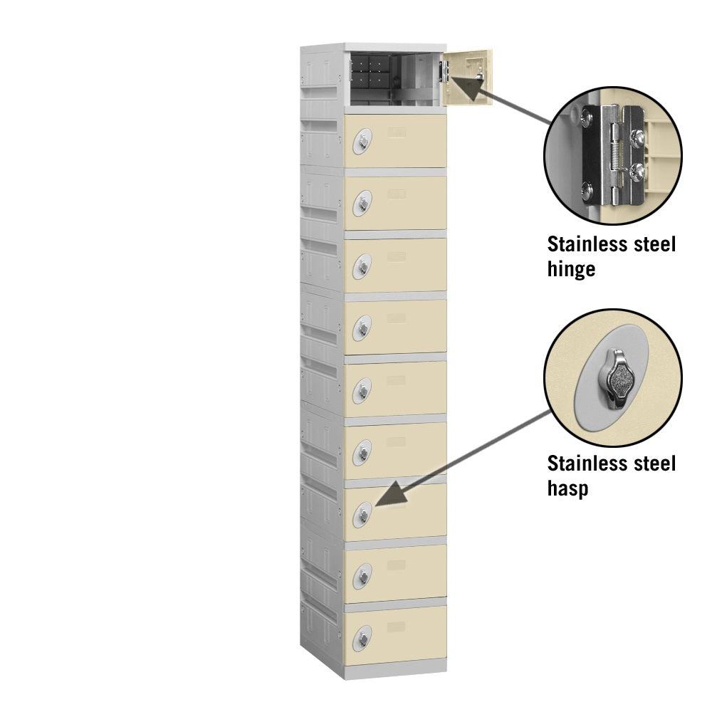 12" Wide Ten Tier ABS Plastic Locker, 1 Wide, 6 Feet High, 18 Inches Deep, Tan, Assembled