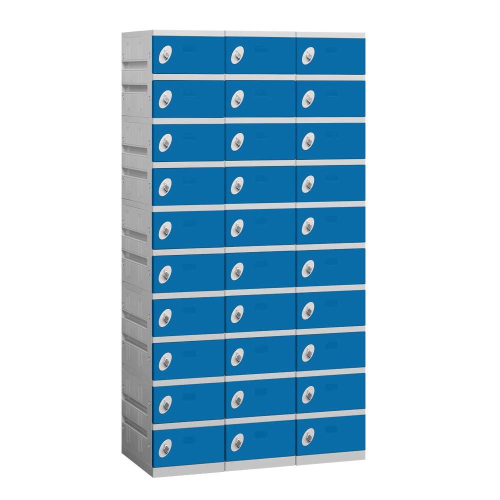 12" Wide Ten Tier ABS Plastic Locker, 3 Wide, 6 Feet High, 18 Inches Deep, Blue, Assembled