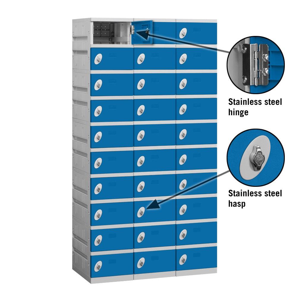 12" Wide Ten Tier ABS Plastic Locker, 3 Wide, 6 Feet High, 18 Inches Deep, Blue, Assembled