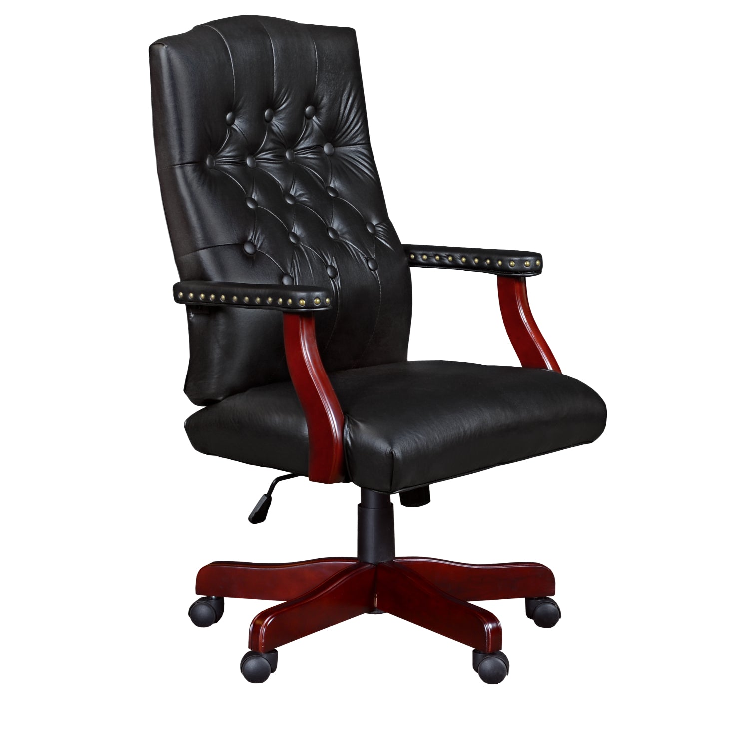 Ivy League Swivel Chair, Mahogany Frame, Black Vinyl Upholstery
