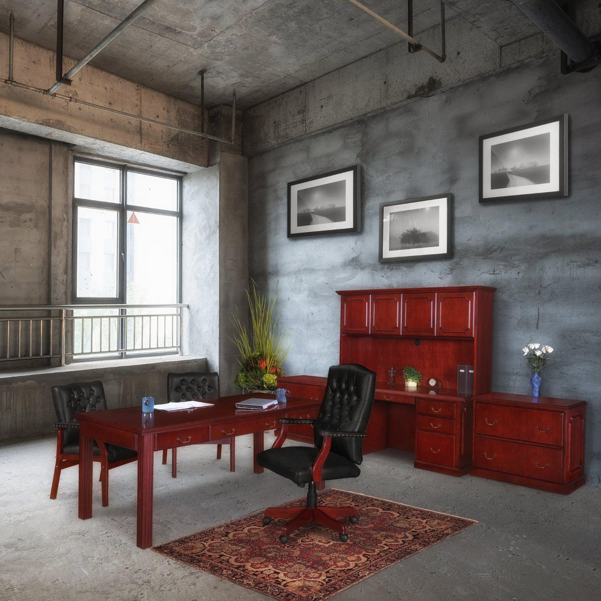 Ivy League Swivel Chair, Mahogany Frame, Black Vinyl Upholstery