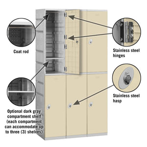 12" Wide Double Tier ABS Plastic Locker, 3 Wide, 6 Feet High, 18 Inches Deep, Tan, Assembled