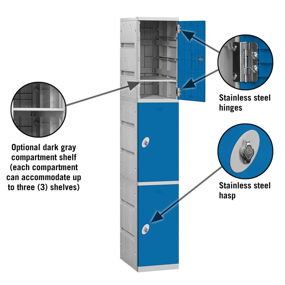 12" Wide Triple Tier ABS Plastic Locker, 1 Wide, 6 Feet High, 18 Inches Deep, Blue, Assembled