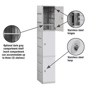 12" Wide Triple Tier ABS Plastic Locker, 1 Wide, 6 Feet High, 18 Inches Deep, Gray, Assembled