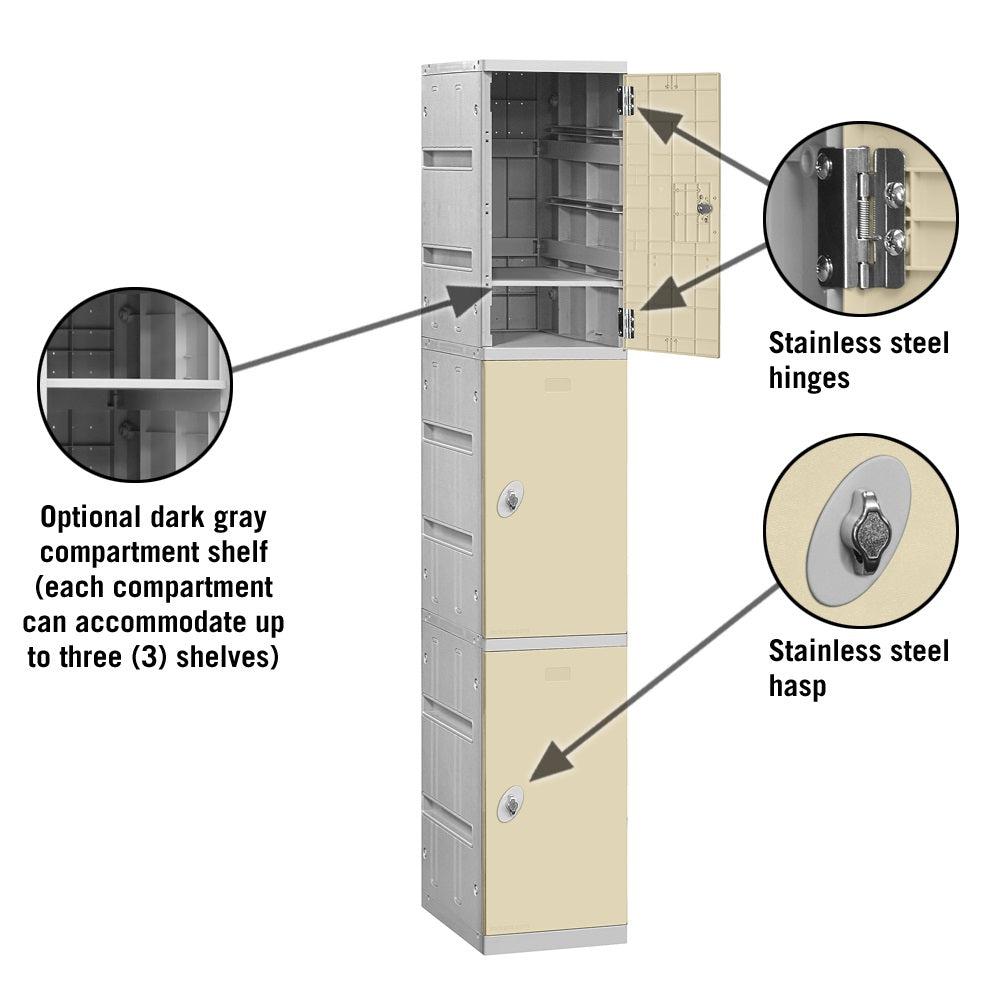 12" Wide Triple Tier ABS Plastic Locker, 1 Wide, 6 Feet High, 18 Inches Deep, Tan, Assembled