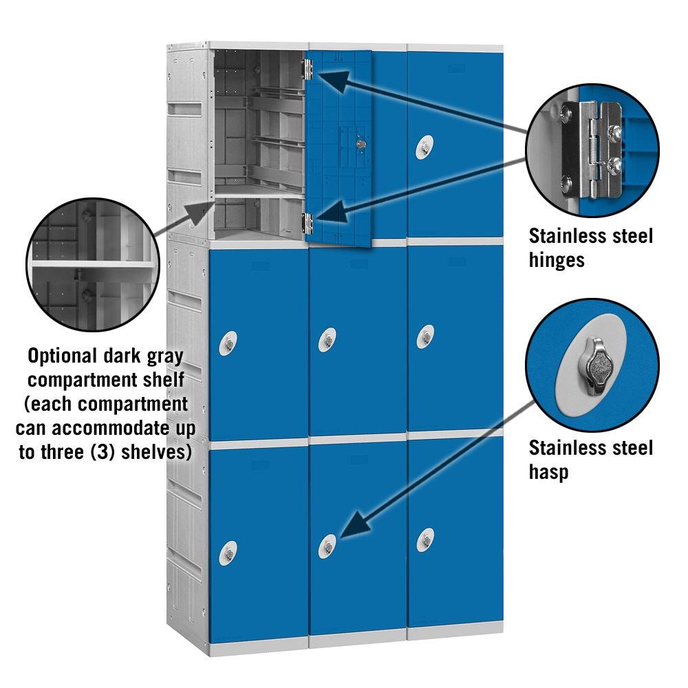 12" Wide Triple Tier ABS Plastic Locker, 3 Wide, 6 Feet High, 18 Inches Deep, Blue, Assembled